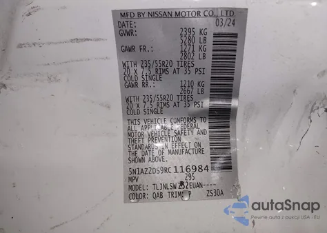 2024 Nissan Murano Platinum Intelligent Awd from USA, damaged, VIN 5N1AZ2DS9RC116984